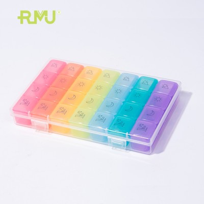 TS04B  Rainbow Color Weekly 7 Day Pill Organizer Container 28 Case Moisture-proof and Sealed, Medicine Holder Plastic Pill Box